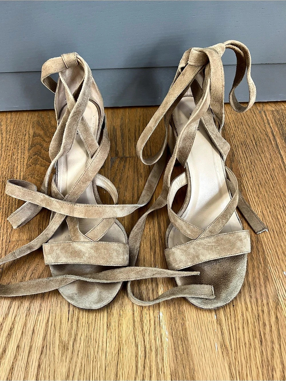 Barneys New York Strappy Suede ankle tie block Heels Beige US 9